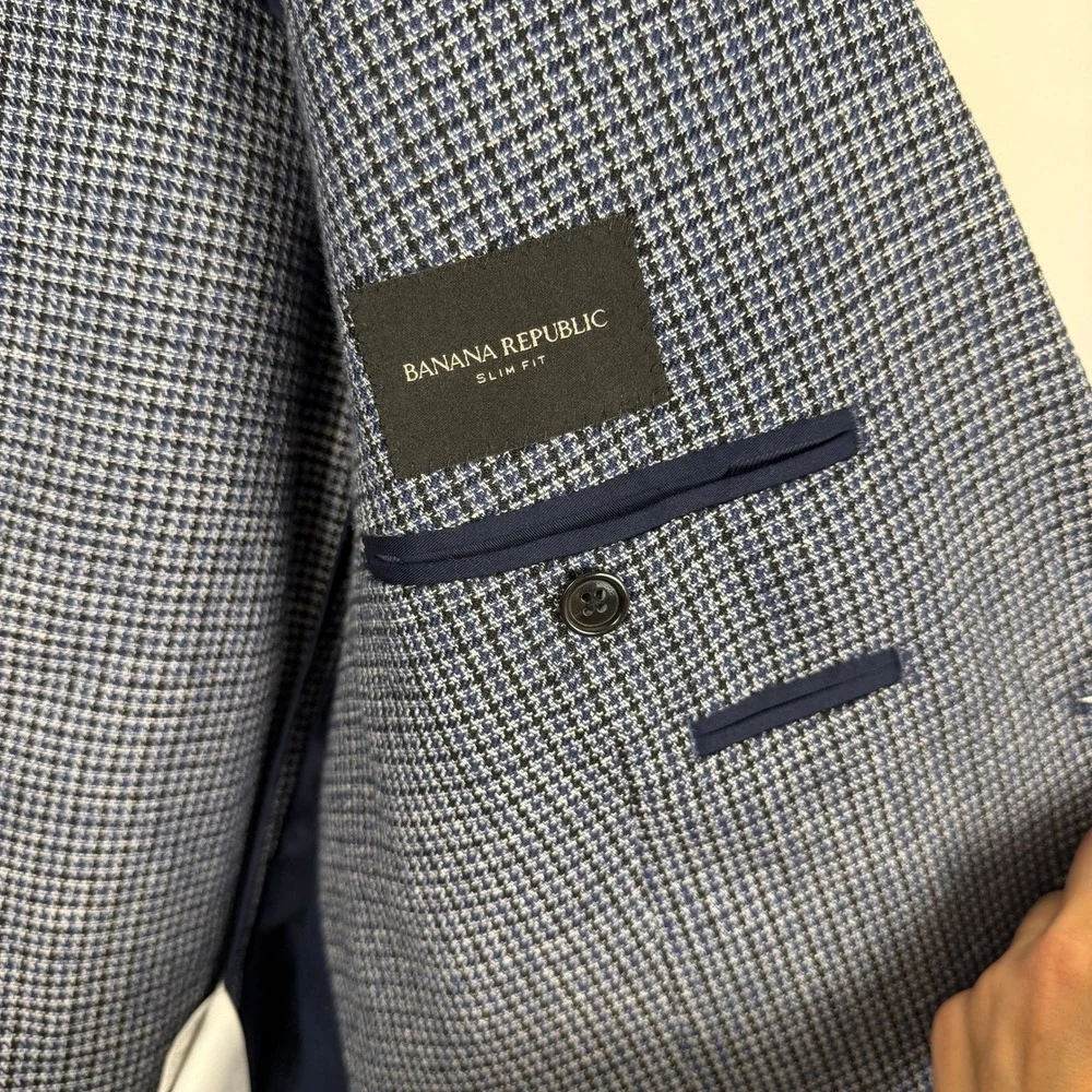 Banana Republic Blazer Mens 44R Blue Houndstooth Linen Blend Sport Coat Tailored